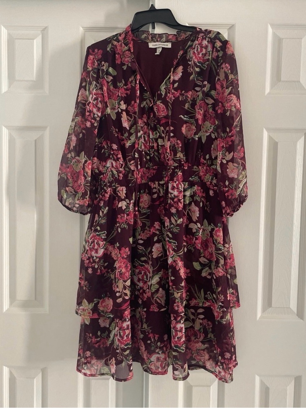 Madewell Burgundy Floral Tiered Chiffon Dress with Pink Roses
